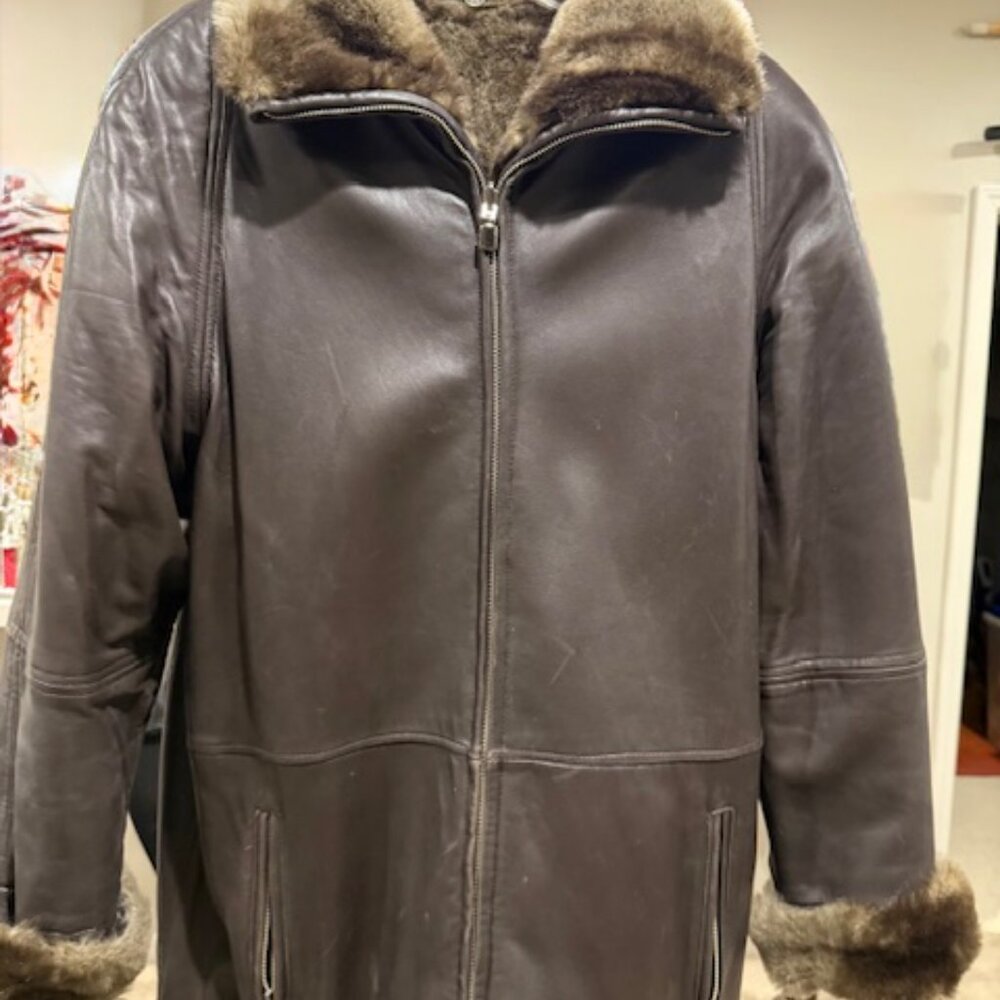 Brown Leather & Faux Fur Coat - Size Medium - Reversible